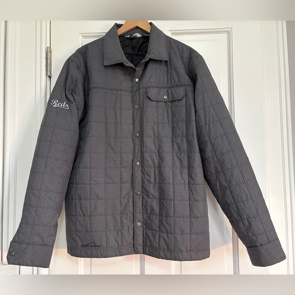 Eddie Bauer Grey Custom Embroidered Mens Shirt Jacket Baseball Cincinnati Reds L